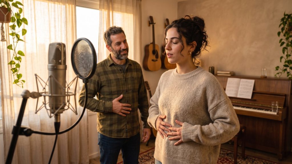 מורה לפיתוח קול ותלמידה מתרגלים נשימה סרעפתית עם ידיים על הבטן לצד מיקרופון באולפן מואר