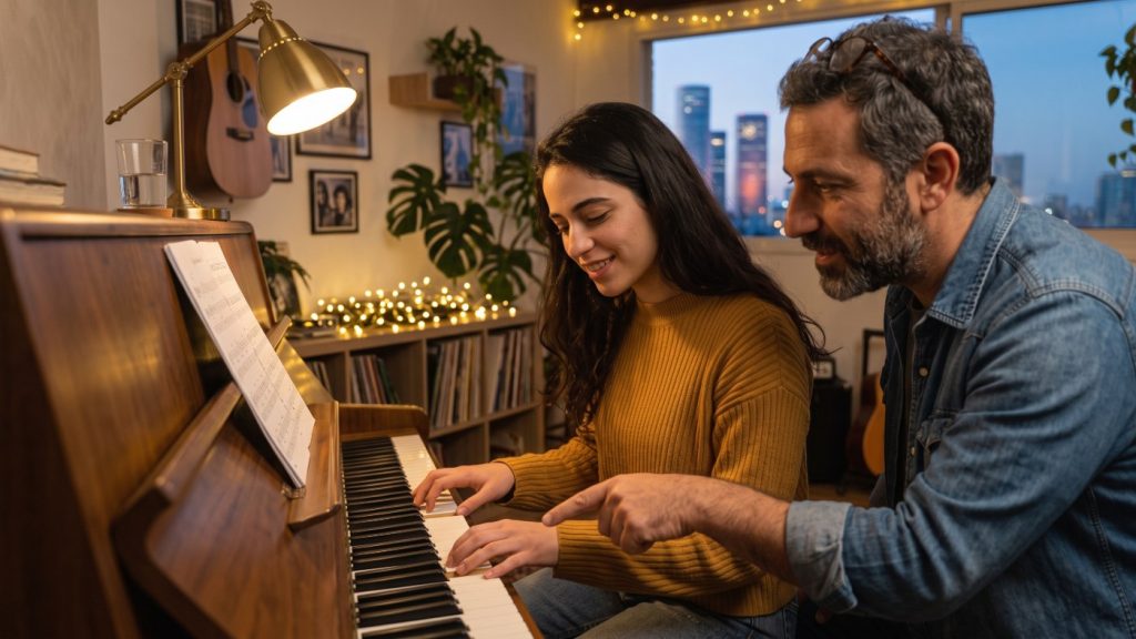 Piano teacher showing a student how to play a chord with both hands in a warm Tel Aviv music school room