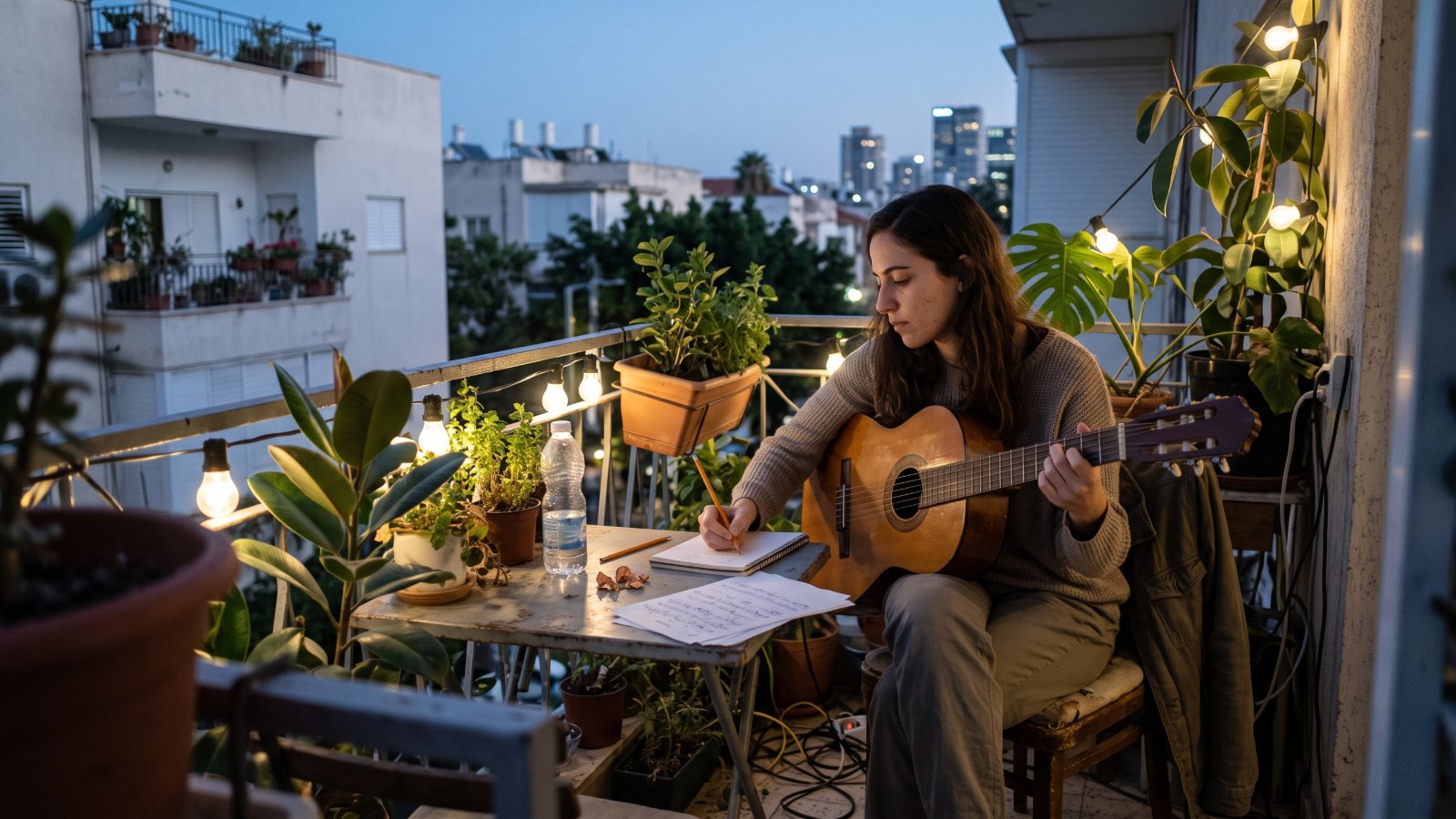 צעירה כותבת שיר עם גיטרה אקוסטית במרפסת בצפון תל אביב