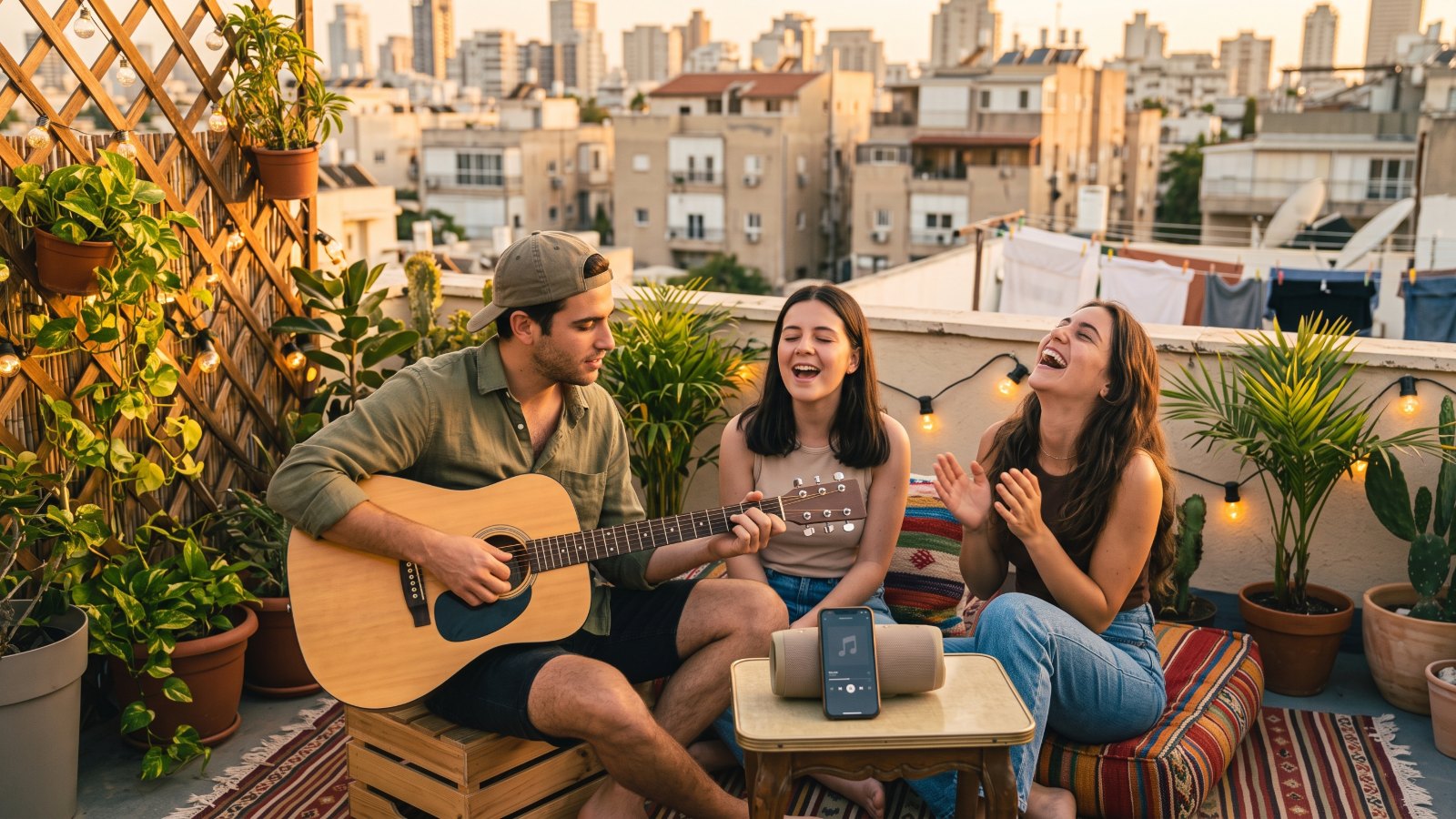 חברים מנגנים ושרים בגיטרה אקוסטית על גג בתל אביב בשקיעה