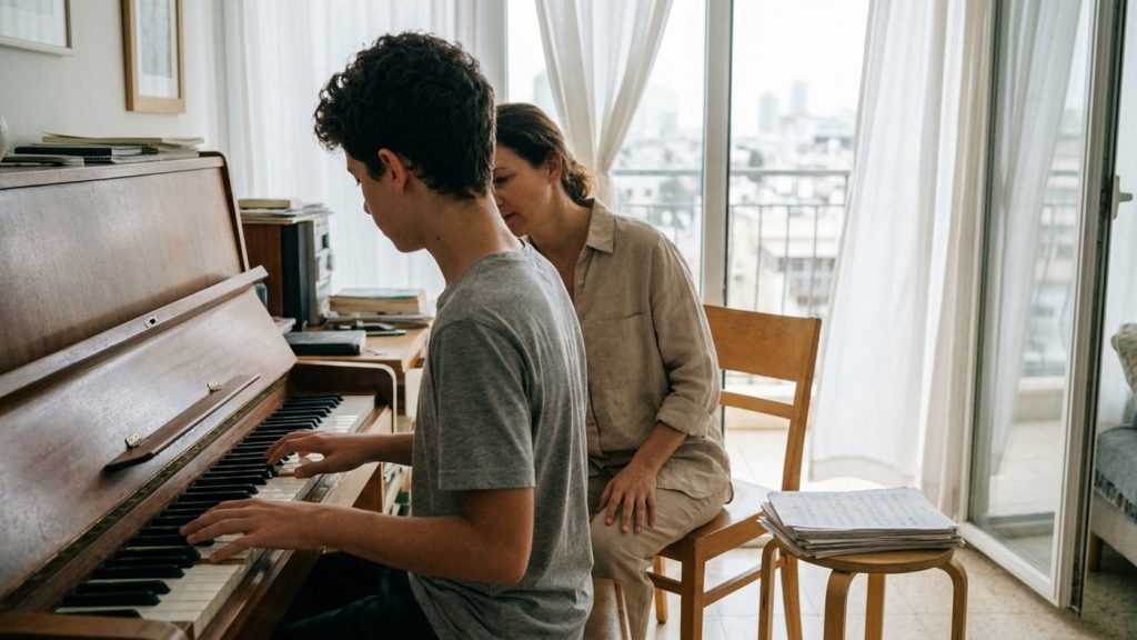 A teenager plays piano with both hands in a bright morning living room while the teacher sits beside him and listens