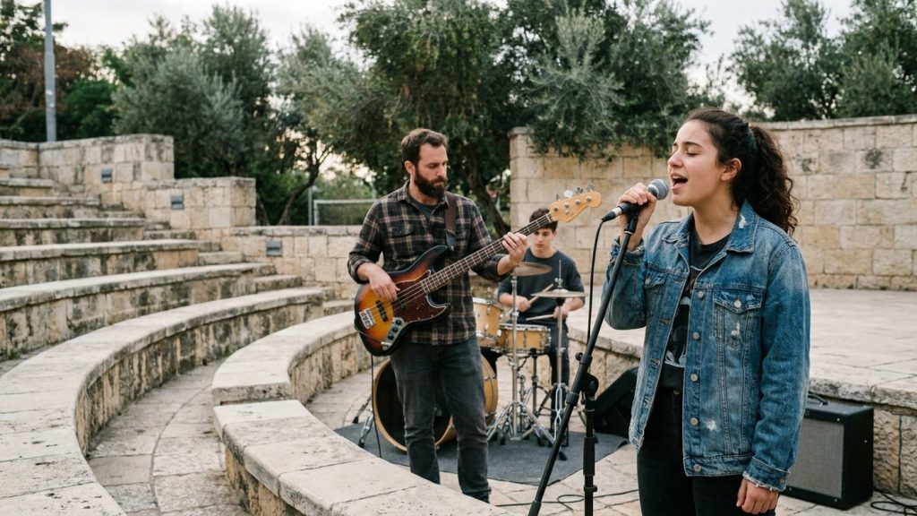 נערה שרה במיקרופון ולצידה בסיסט ומתופף צעיר מנגנים באמפיתיאטרון אבן פתוח בין עצי זית ביום מעונן
