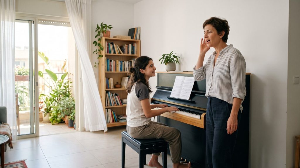 A woman sings a held note with a hand cupped to her ear while her daughter plays the pitch on a living-room piano