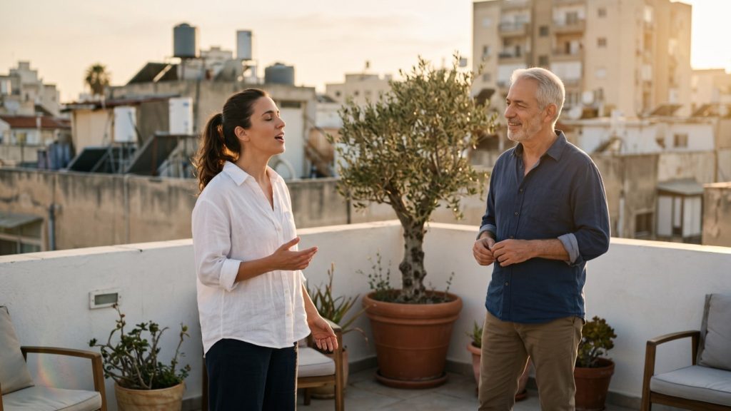A singer holds a long note with eyes closed on a rooftop at golden hour while her teacher listens